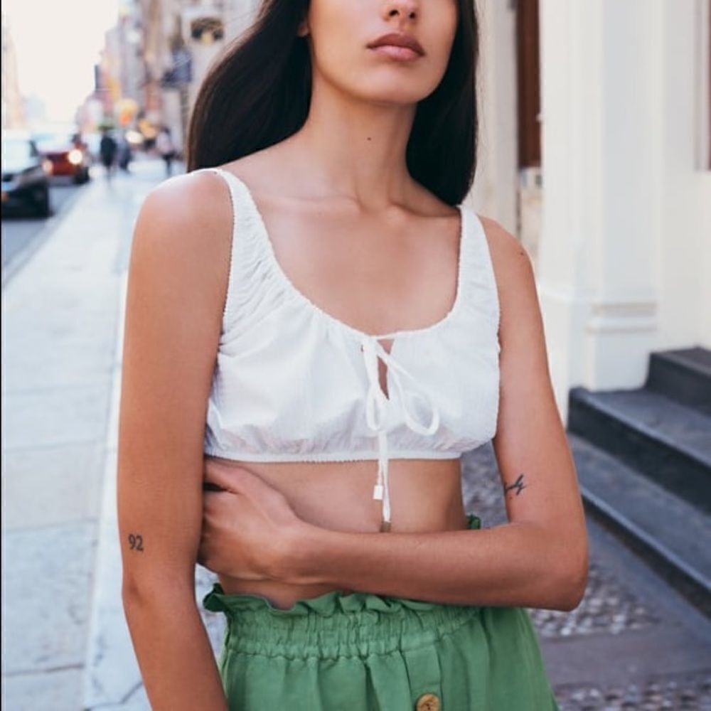 Zara Textured Cotton Linen Blend Smocked Back Peasant Crop Top‎ White Large NWT